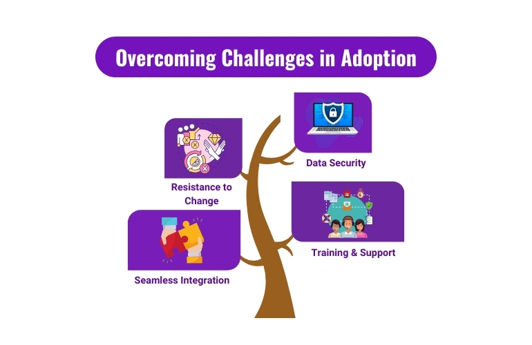 overcoming challenges in adoption-resistance to change, data security, integration, training & support 