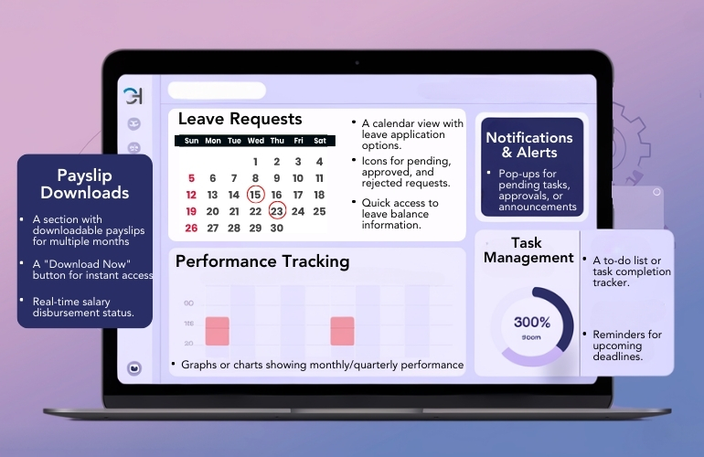 A laptop featuring a calendar and performance dashboard, highlighting the benefits of automated HR systems for employees.