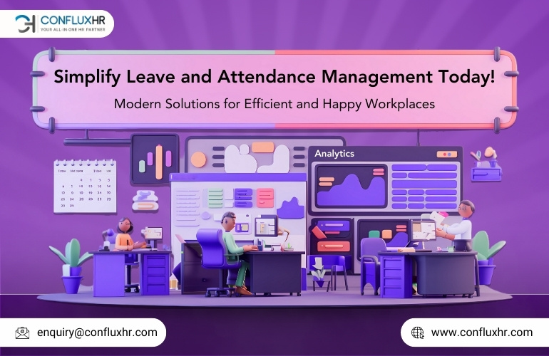 ConfluxHR featuring a simplified leave and attendance management ad with animated office workers.