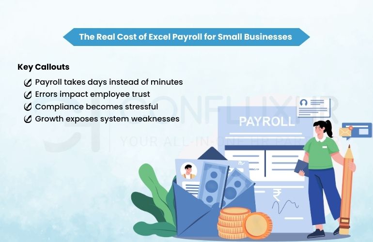 Infographic highlighting the drawbacks of using Excel for payroll, including time consumption, errors, compliance stress, and system weaknesses.