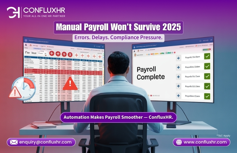 Manual Payroll won't survive 2025 errors delays compliance pressure Automation makes payroll smoother confluxhr