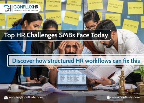 A group of professionals discusses HR challenges at a table, surrounded by sticky notes. A laptop displays data on HR workflows.
